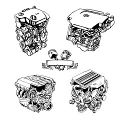 Painted engine on a white background. A set of engines from different manufacturers. V8 internal charge engine. Engine from different sides. Piston engine system. A drawn style. Vector illustration