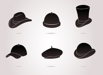 Collection of different hats (bowler, cap, beret etc.). Vector art.