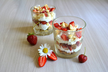 Trifle or dessert with cottage cheese and strawberries. Breakfast