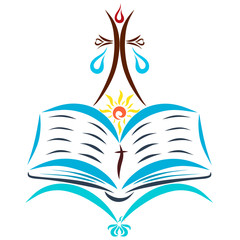 Cross with drops, open Bible, sun and bird