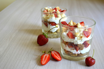 Trifle or dessert with cottage cheese and strawberries. Breakfast