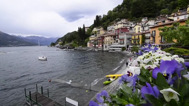 View of Varenna Village with lake Como in the early morning with small wave