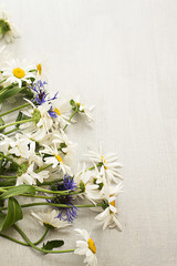 camomile   daisy and a cornflower bouquet on gray light texture dark background a postcard