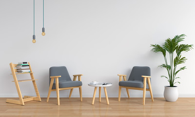 grey armchair in white room and blank space for mockup, 3D rendering