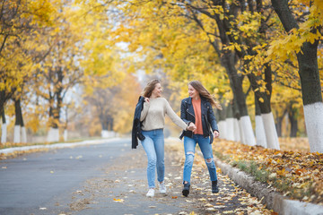 Fototapeta premium Young pretty girls having fun outdoors in autumn background. Cheerful friends in the fall time