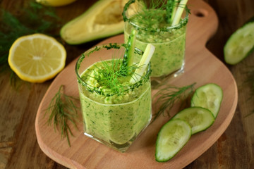 Green gazpacho in a glass. Cold soup of Spanish cuisine