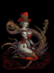 A beautiful sorceress wearing a fancy hat and guarded by a snake dragon; isolated on black