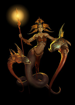 Serpent woman holding a glowing spear and guarded by two dragon snakes; isolated on black background