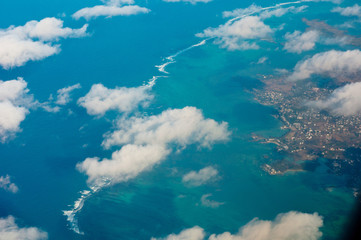 view from the window of the plane to the island of Mauritius