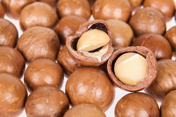 Macadamia nuts or Australian walnuts on white background