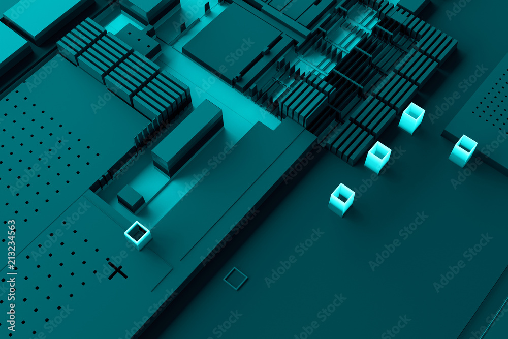 Poster 3d render abstract background. technology surface with a lot of details. simple geometry shapes extr