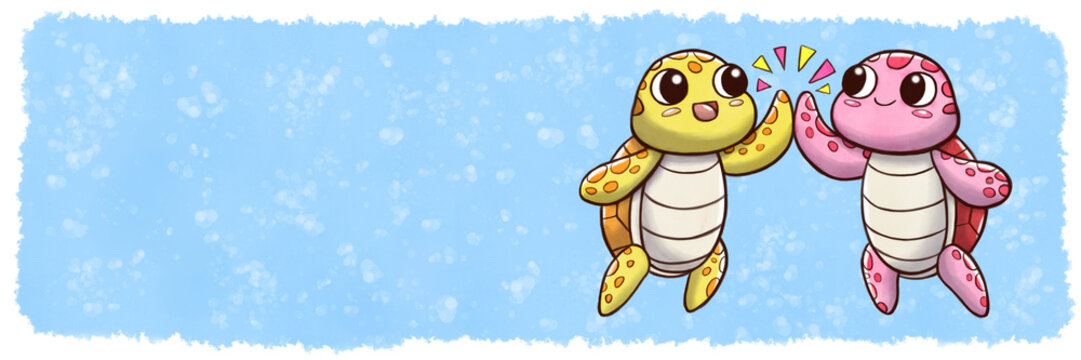 High five turtles - banner size with underwater watercolor background