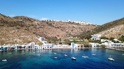 Aerial drone bird's eye view photo of picturesque and colourful fishing village of Klima with...