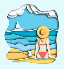 Girl in a summer hat sits on the sand near the sea or ocean on island. Paper cut layer style illustration. Modern 3d origami digital craft and paper art. White yacht sails on the waves