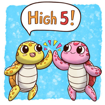 High five turtles – square size with speech bubble and watercolor background