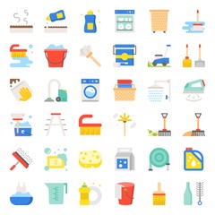 Cleaning and laundry service and equipment, flat  design icon set