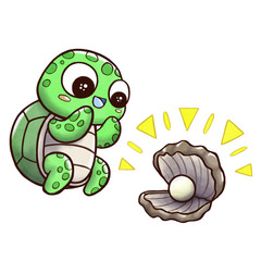Turtle finding oyster with pearl - isolated in white background