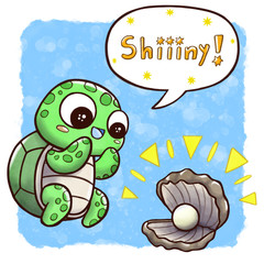 Turtle finding oyster with pearl – square size with speech bubble and watercolor background