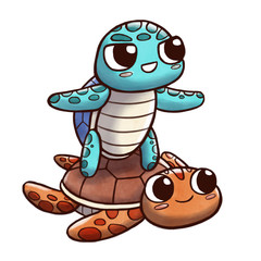 Turtle surfing another turtle - isolated in white background