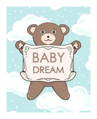 Teddy bear cub with frame for text. Baby dream shop. Children's vector drawing for print cover, advertising, posters, postcards for kids. Sweet cute toy animal cartoon in clouds.