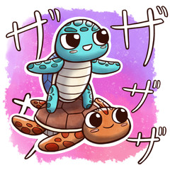 Turtle surfing another turtle – square size with watercolor background and Japanese onomatopoeia
