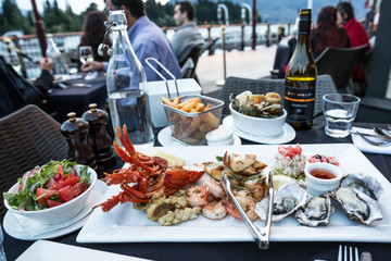 Fresh seafood platter at a restaurant on the harbour at Queenstown, New Zealand