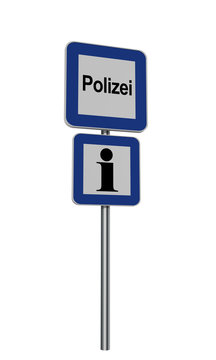 deutsches Hinweisschild für Polizei und Information auf weiß isoliert.Text Polizei auf deutsch. 3d render