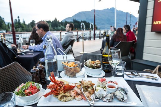 Fresh seafood platter at a restaurant on the harbour at Queenstown, New Zealand