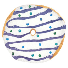 Sweet tasty donut with white glaze, colour sprinkles and blue stripes. Flat watercolor illustration isolated on white background. For cafes, coffee shops, restaurants