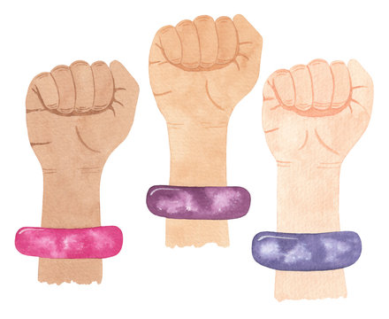 Feminism symbol. Fight like a girl. Three woman's hands with her fist raised up. Girl Power. Feminism concept. Watercolor illustration isolated on white background