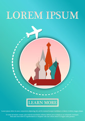 Vector Banner with text Travel card. Concept website template.Modern flat paper art design.St. Basil's Cathedral, Moscow.Vector Illustration