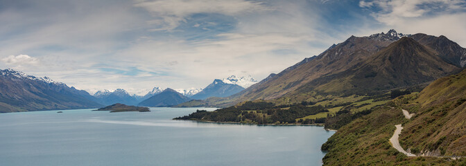 Panoramic view of the road from Queenstown to Glenorchy; lake Wakatipu and the surrounding mountain range on the left