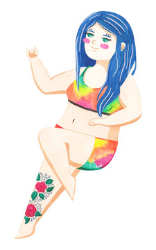 Curvy plus size bluehair girl in colorful swimsuit. Bodypositive concept. Watercolor illustration isolated on white background