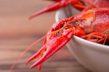Closeup of boiled crawfish in a bowl