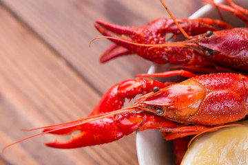 Closeup of boiled crawfish in a bowl