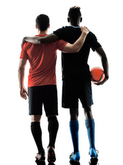 two soccer players men in studio silhouette isolated on white background - obrazy, fototapety, plakaty