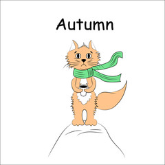 Cat in green scarf with hot coffee in the wind, vector illustration. The inscription is Autumn. Sweet cartoon character with hand drawn lettering for stickers and prints
