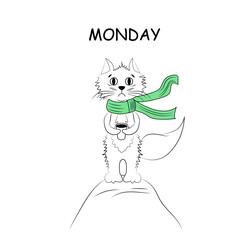 Cat in green scarf with hot coffee in the wind, vector illustration. The inscription is Monday.Sweet cartoon character with hand drawn lettering for stickers and prints