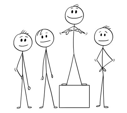Cartoon stick man drawing conceptual illustration of team of businessmen and the team leader. Concept of teamwork and leadership.