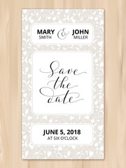 Naklejka premium Save the date card with hearts pattern background, invitation template. Hand written custom calligraphy.