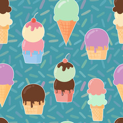 Seamless Pattern of Various Flavores and Types of Ice Cream