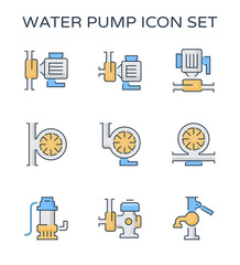 Water pump vector icon i.e. centrifugal, rotary, submersible and well pump. Powered by electric motor, engine and hand. For industrial i.e. irrigation, plumbing, water cooling water treatment.