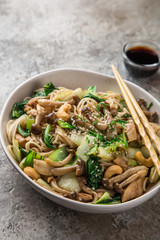 noodles with chicken, shimeji mushrooms and bok choy