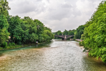 Munich, Germany June 09, 2018: Isar river in Muinch 