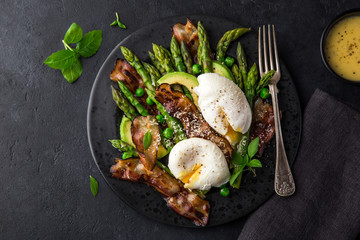 asparagus, avocado, poached egg and fried bacon  salad