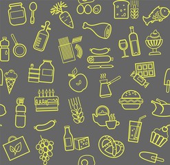 Food, seamless pattern, contour, gray-yellow, grocery store, vector. Food and drinks, production and sale. Vector background. Yellow line icons on the grey box.  