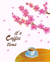 Banner spring leaves blooming cherry blossom. Coffee on the table in the spring. Time to drink coffee.