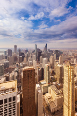 Aerial view of the skyline of downtown Chicago, Illinois, USA