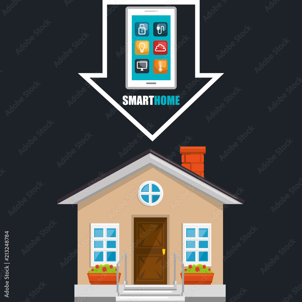 Poster smart house with smartphone and set services icons