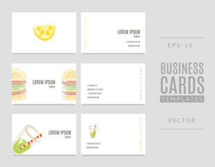 Business cards for bakers, shops and confectioneries with lemon, hamburger and soda.